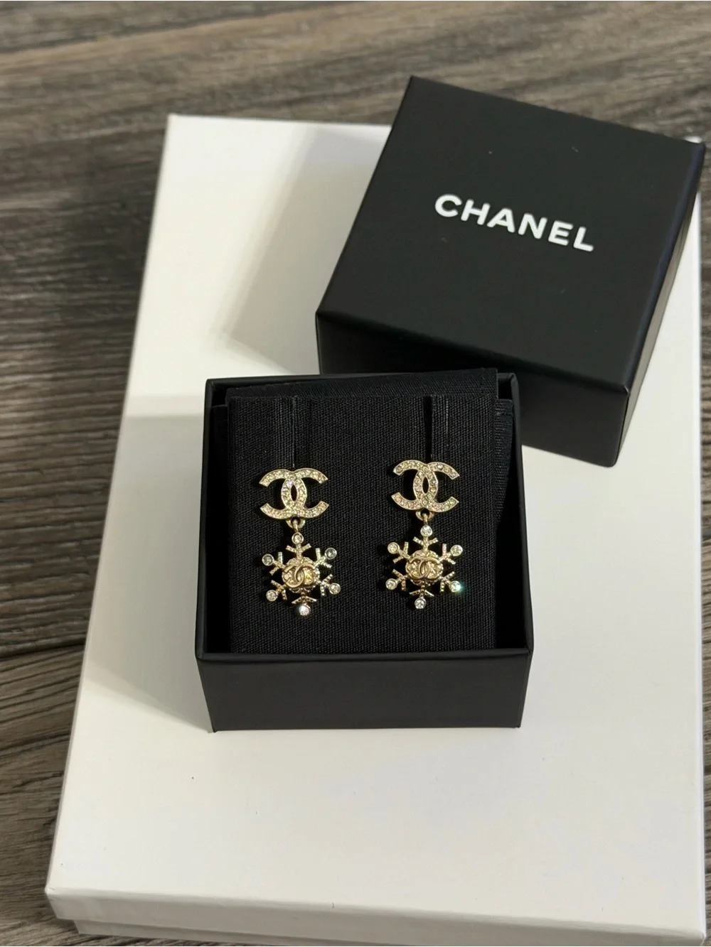 Chanel Gold Crystal CC Snowflake Drop Earrings
